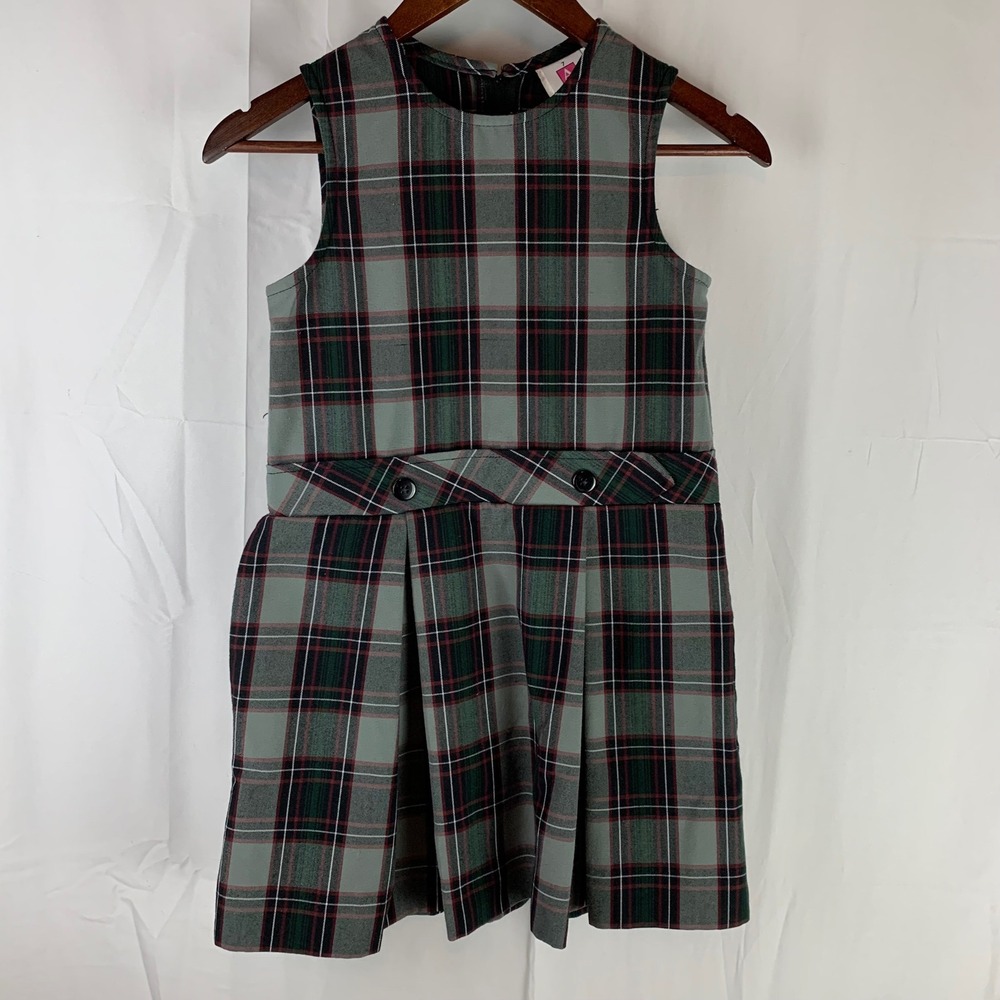A+ Simply the Best School Jumper Girls Size 7 Grey‎ Green Plaid Pleated Dress